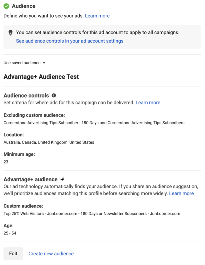 Saved Audiences for Advantage+ Audience